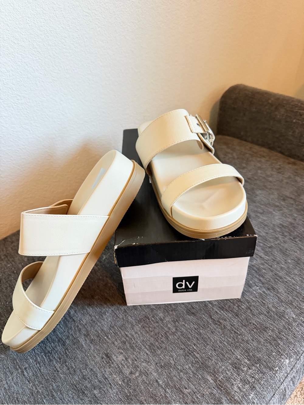 DV by Dolce Vita Cream Double-Strap Slide Sandals with Buckle